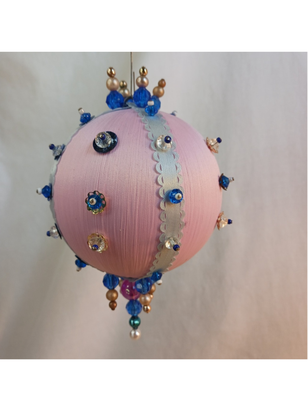 VTG Pink Granny Core Handmade Push Pin Beaded Satin Ornament Christmas Ball